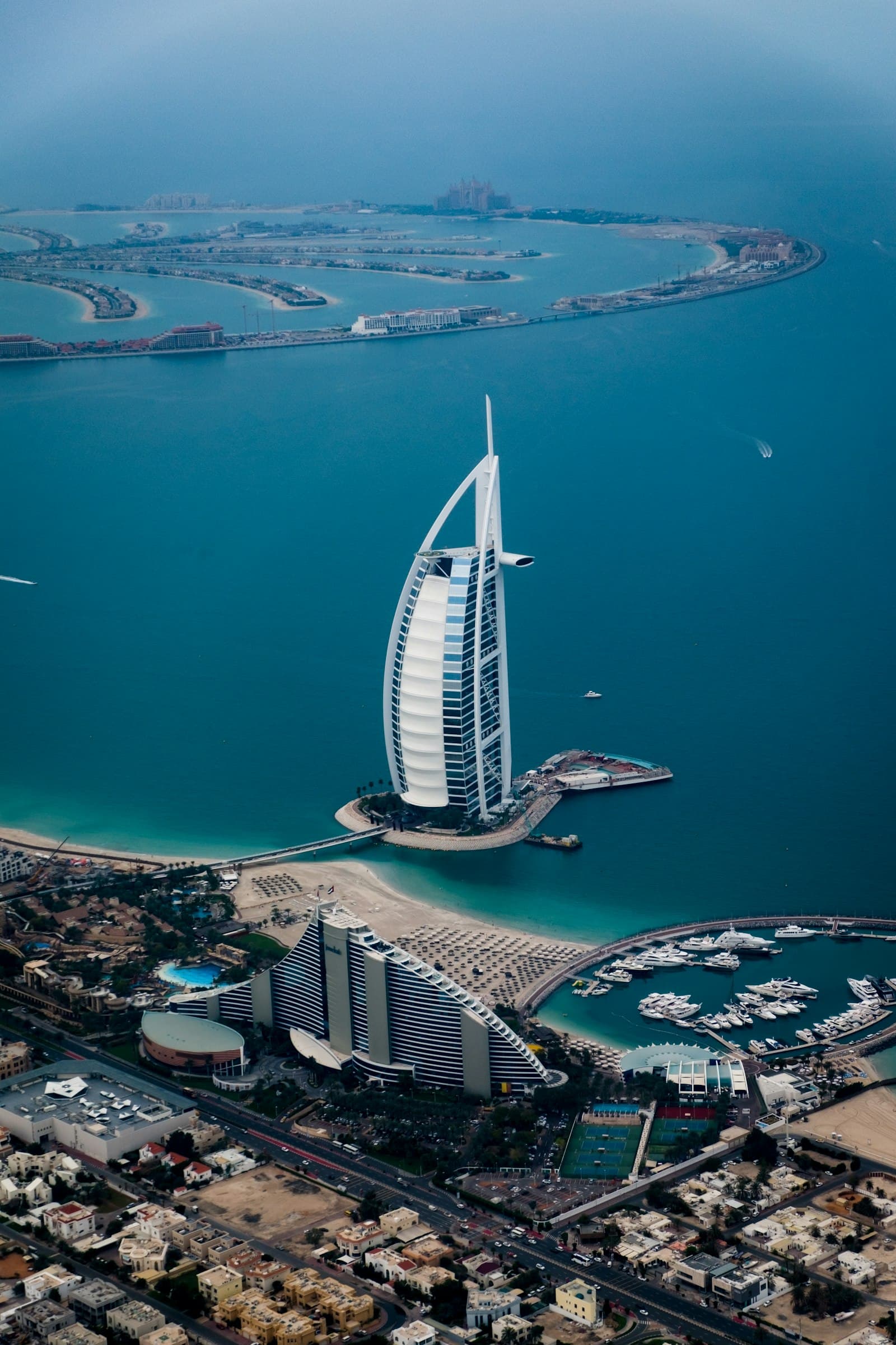 Aerial view of the Dubai coastline and Burj Al Arab